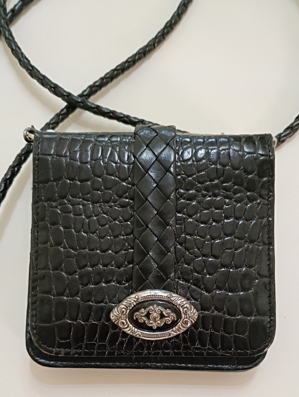 Brighton Black Croc-Embossed Crossbody Bag with Braided Strap